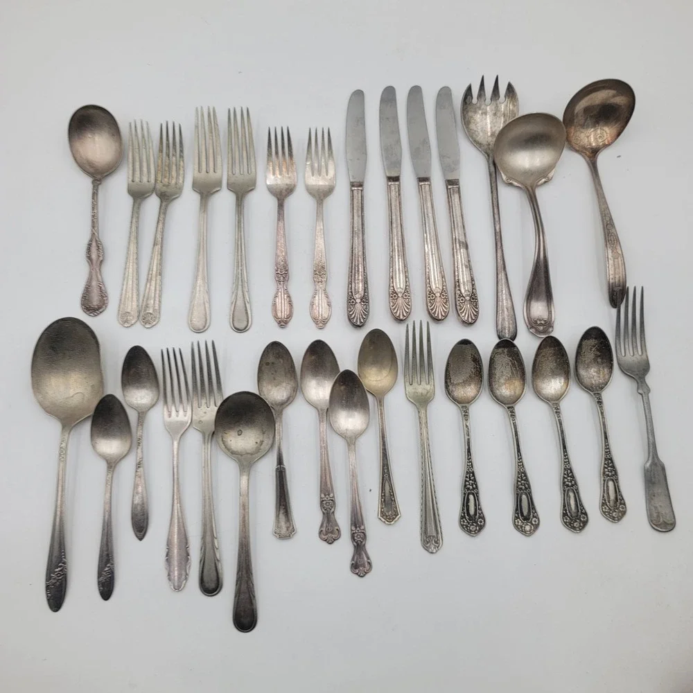 30pc Vintage Mixed Silverplate Flatware Lot Serving Pieces Ladles Ornate Floral